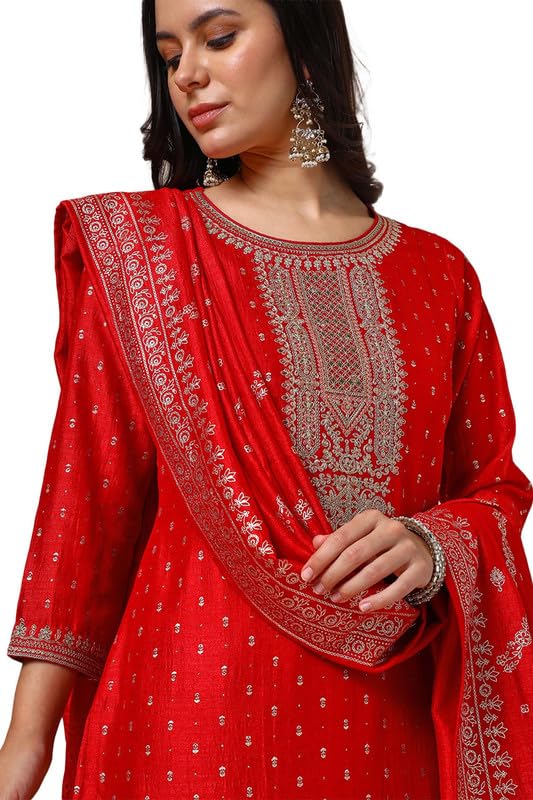 Soch Womens Red Foil Print Suit Set With Thread Work