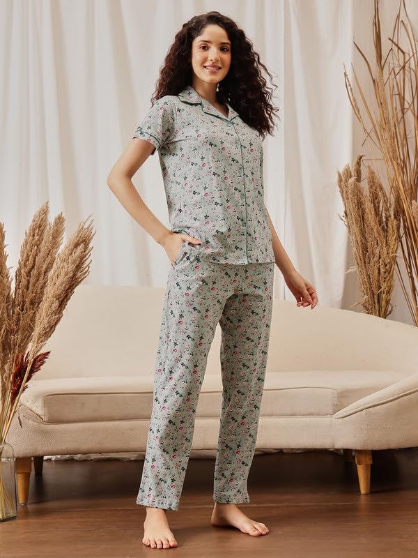 Clovia Women's Printed Button Down Shirt & Pyjama Set (LS0025B11_Green_M)
