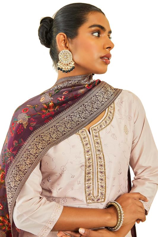 Soch Womens Blush Pink Silk Blend Floral Embroidered Suit Set with Contrast Dupatta