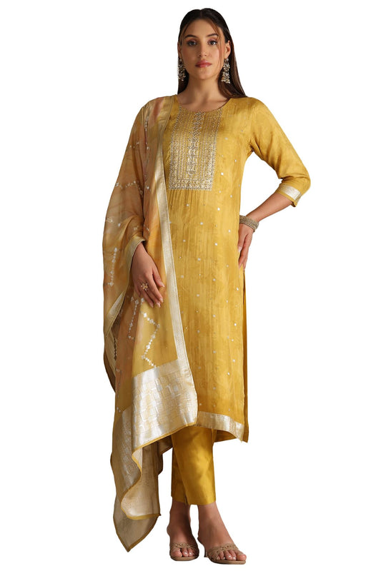 Soch Womens Mustard Organza Zari Woven Suit Set With Faux Mirror And Sequins