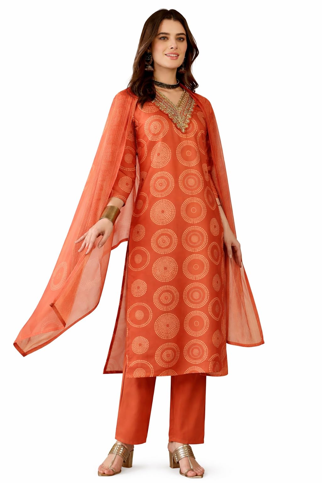VARNI FABRIC Rayon Kurta Set for Women | Full Sleeves Embroidered Straight Kurta with Pant & Dupatta | Festive Wedding Ethnic Wear | Perfect for Office Summer | Orange | 2XL