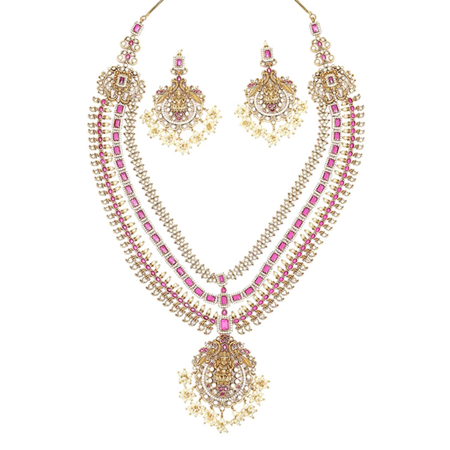 VOYLLA Antique Inspired Opulent CZ and Faux Pearls Multi-Strand Brass Gold Plated Jewellery Set