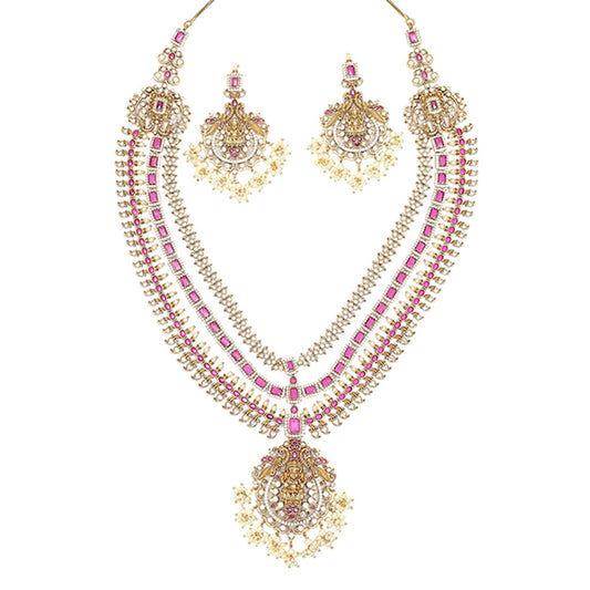 VOYLLA Antique Inspired Opulent CZ and Faux Pearls Multi-Strand Brass Gold Plated Jewellery Set