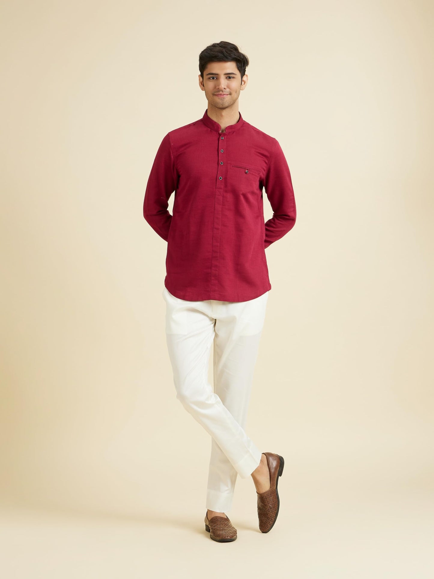 Manyavar Men's Cotton Bandhgala Collar Short Kurta(Maroon,XXL)