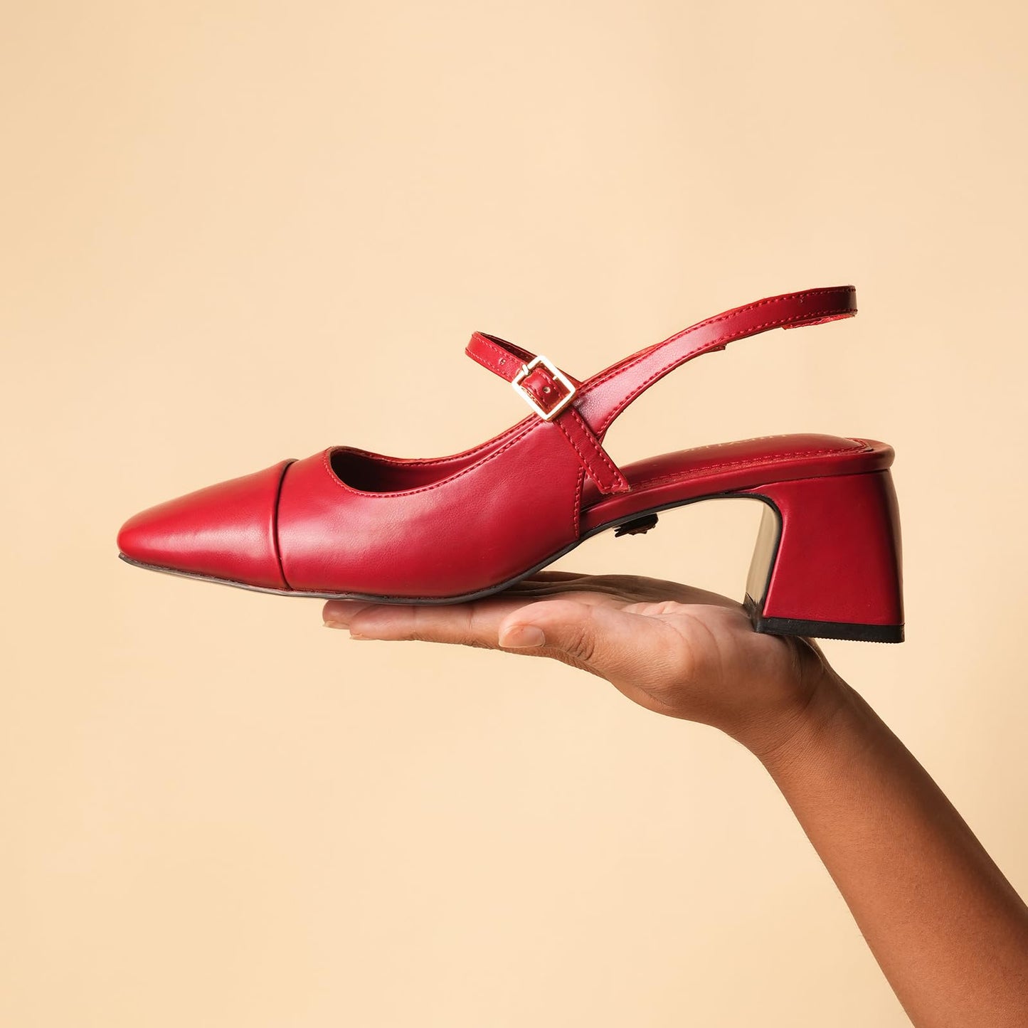 Theater Women Twiggy Red Mary Jane Heels | Square Toe Slingback Block Heel Sandals with Adjustable Strap | Comfortable & Stylish for Office, Party & Casual Wear