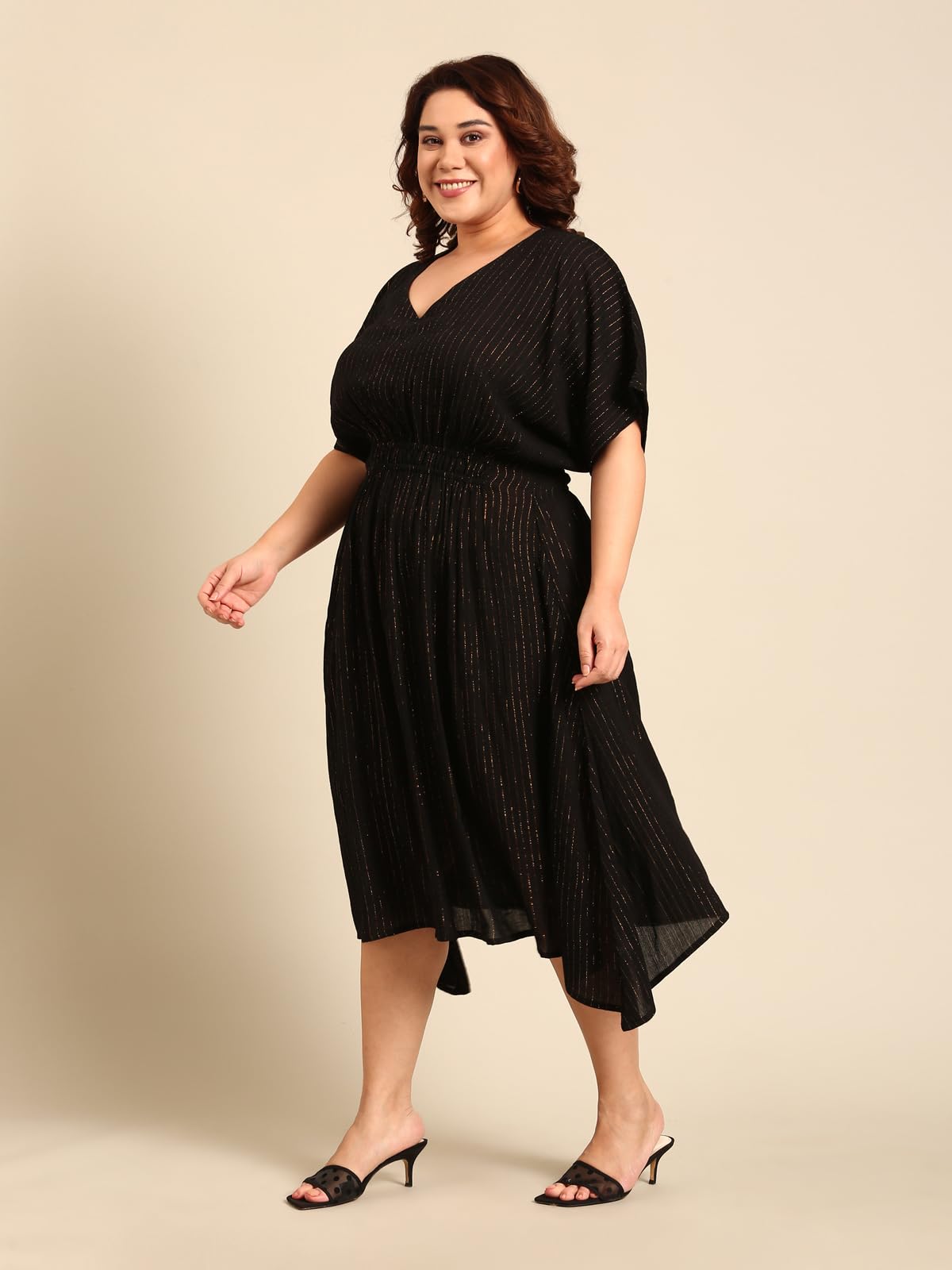The Pink Moon Women's Maxi Plus Size Black and Gold Lurex Dress with Waist Smocking Dress - (DRS_SMKING_GOLDLX_Black_2XL)