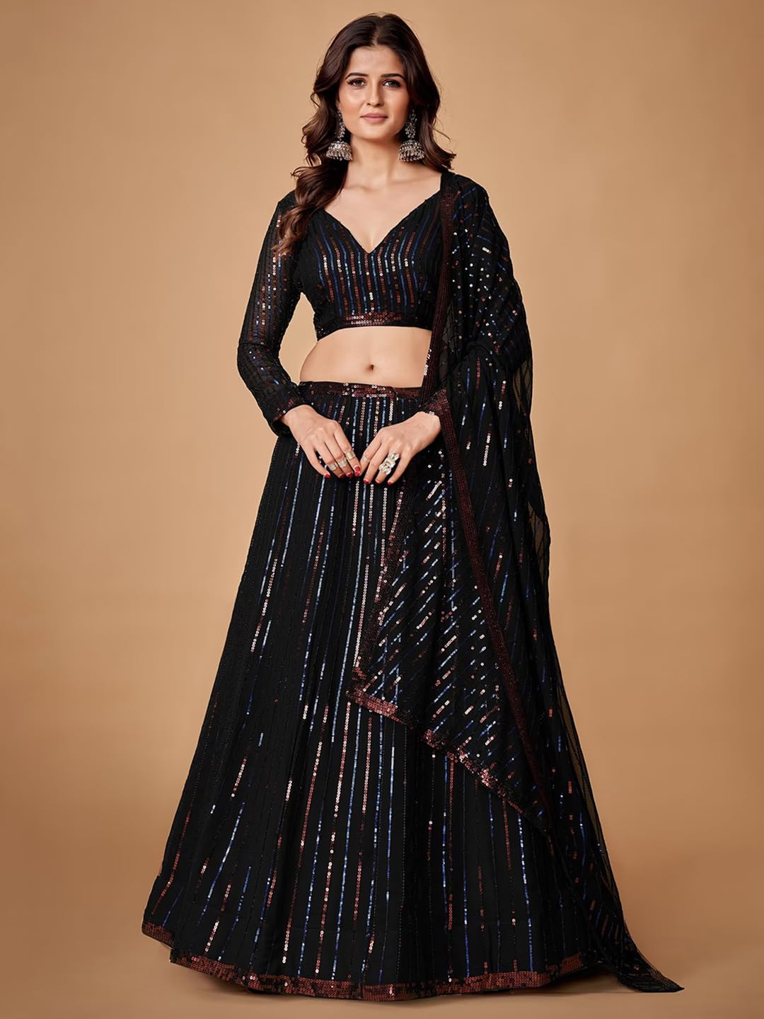 Zeel Clothing Sequins Embroidered Georgette New Semi-Stitched Lehenga Choli For Women (5107-Black-Stylish-Wedding--New; Free Size)