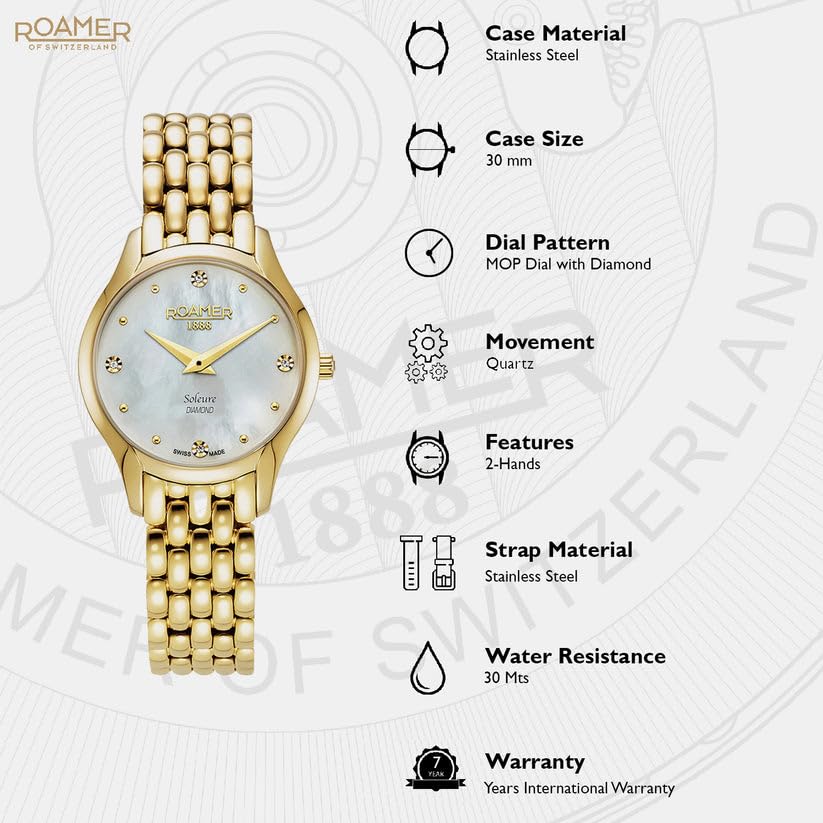 Roamer Quartz Women Soleure Diamond White Mop Analog Stainless Steel Watch 547857 48 25 50