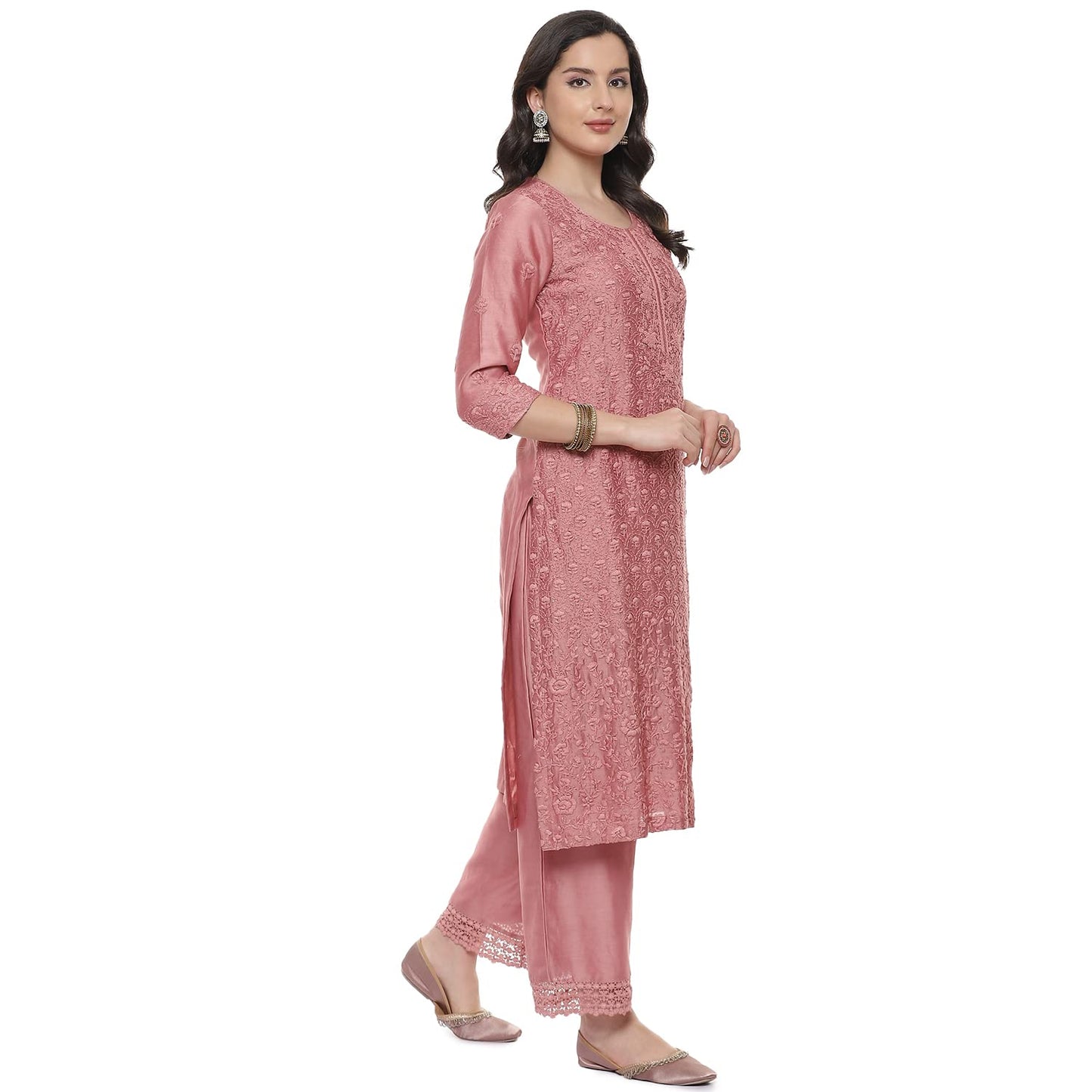 BIBA WOMEN EMBROIDERY STRAIGHT SALWAR KURTA DUPATTA(SKDCHIKANKA7220_ONION PINK_42)