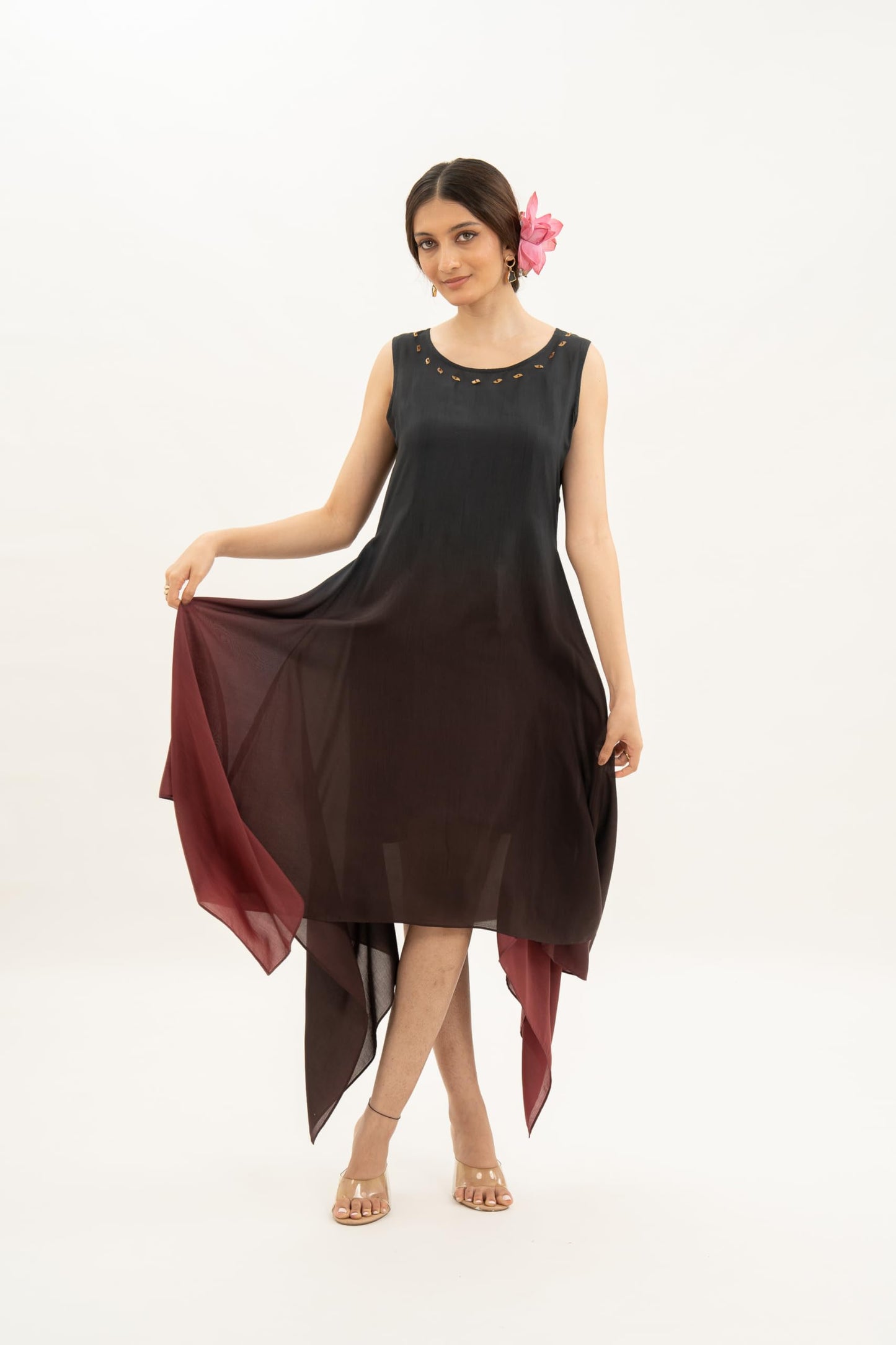 MIORAH Artisanal Ethnic Dress for Women & Girls,Muslin Modal Regular Fit One Piece Dress for Women’s, Sleeveless Round Neck Midi Dress with Hand Embroidery and Metal Sequins (Colour- Ombre, Size- 3XL)