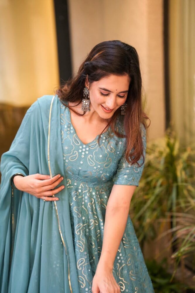 ESTELA Women's Georgette Blue Anarkali Suit with Embroidery, V-Neck (IN, Alpha, XL, Regular, Sky Blue)