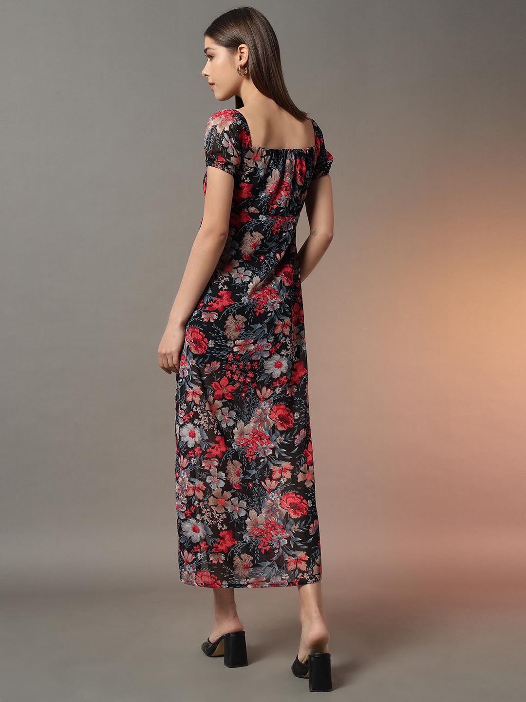 Trend Arrest.ed Floral Printed Maxi Dress for Women with Lining | Square Neck Puff Sleeve Slit Style | Casual Western Long Dress for Day