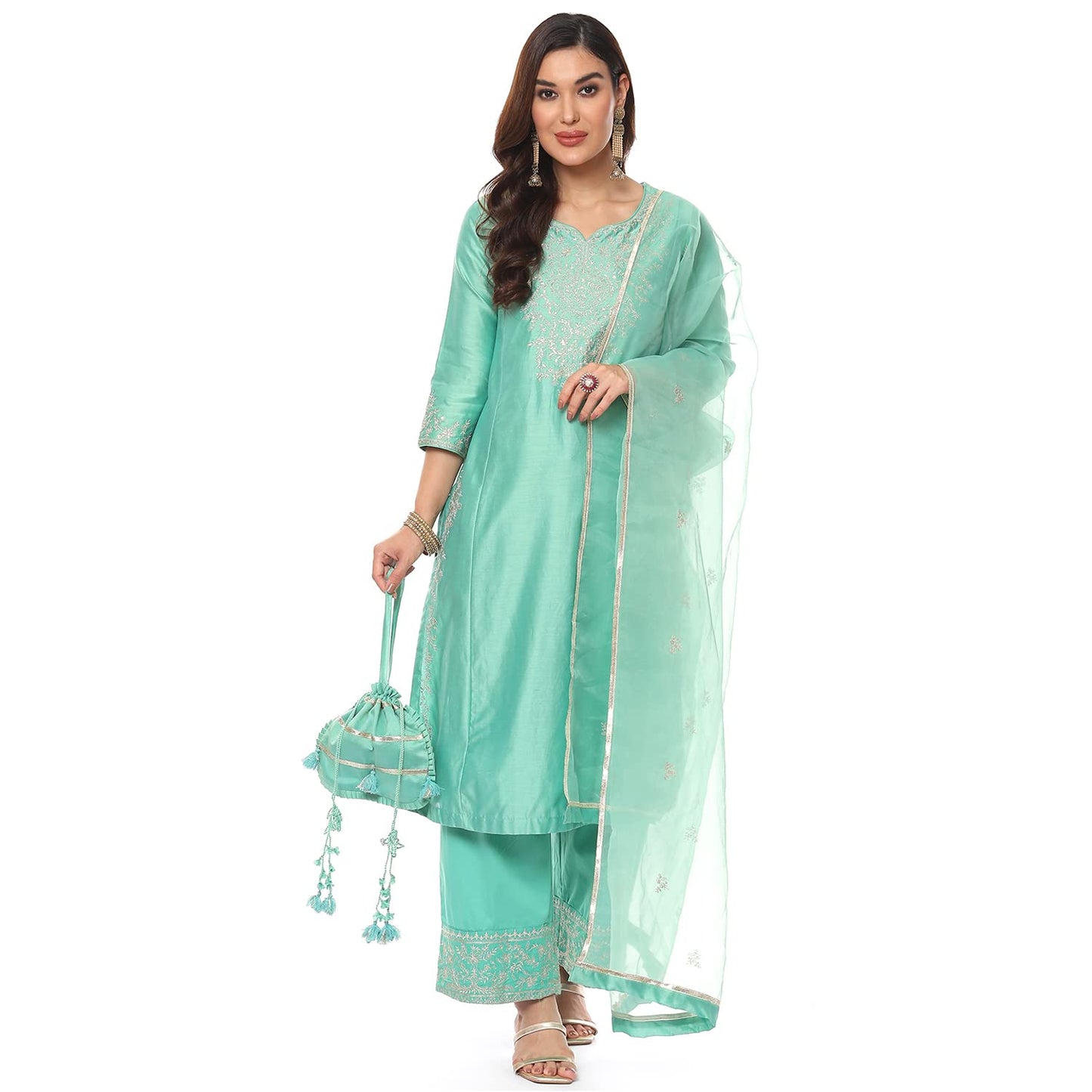 BIBA Women's Ethnic Sea Green Cotton Kurta Suit Set (Size_2XL)