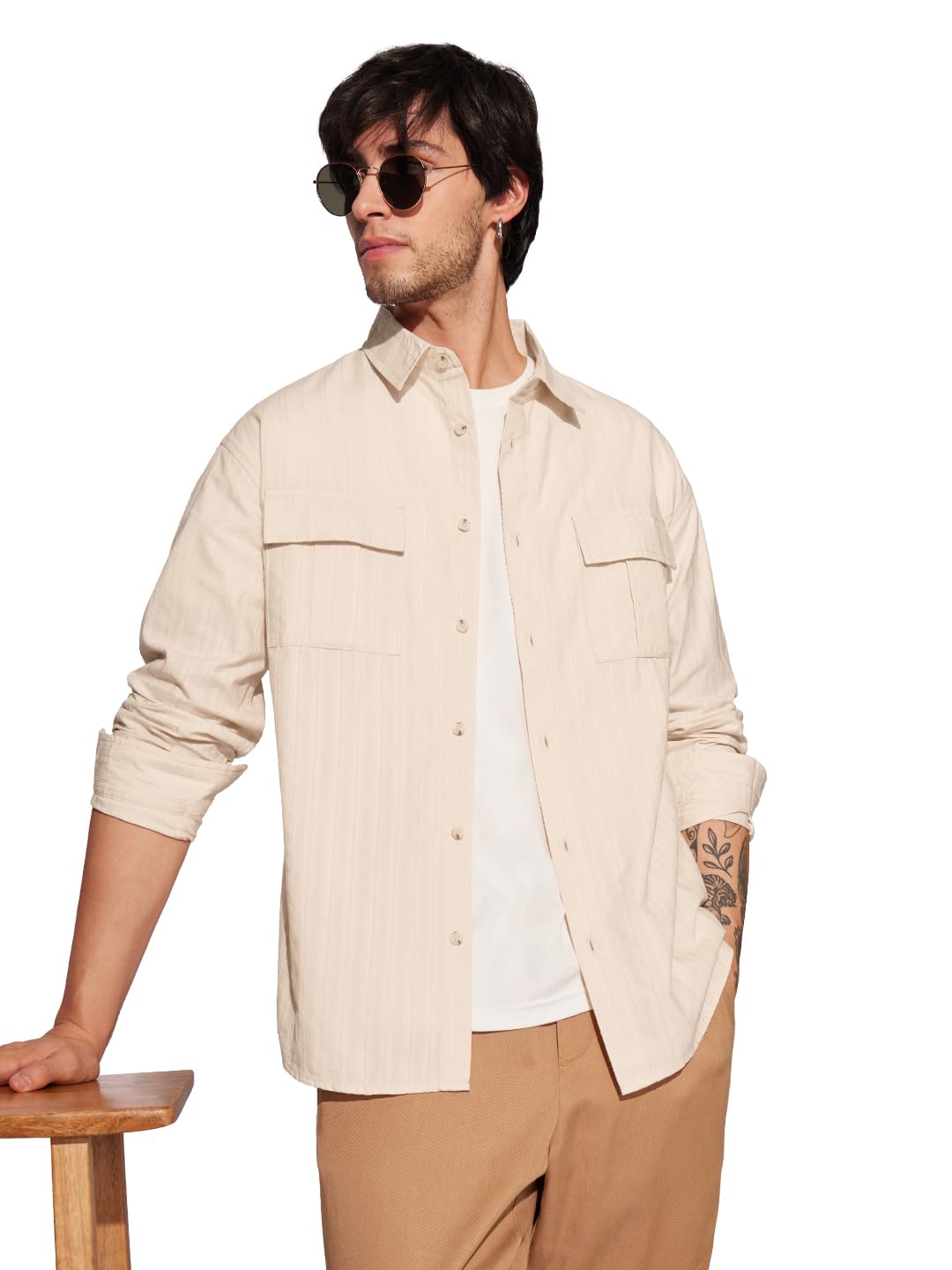 The Souled Store Solids: Rich Cream Men and Boys Long Sleeves Collared Neck Button Front Cotton Relaxed Fit Shirts