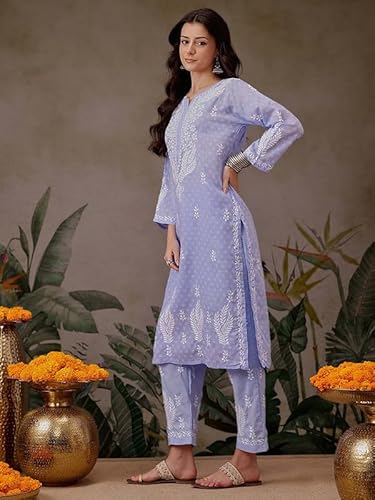 Ada Women Cotton Straight Fit Hand Embroidered Lucknowi Chikankari Mauve Kurta with Pant Co-Ord Set A811298 (XL)