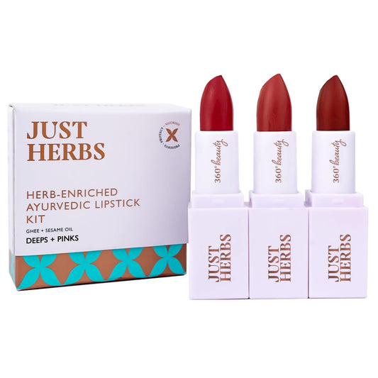 Just Herbs Ayurvedic Creamy Matte Half-Size Lipstick Kit - Peachy Pink, Burnt Red & Peachy Coral (1.8gm x 3)