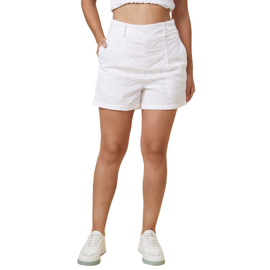 Globus Women White Self Design High-Rise Regular Fit Schiffli Short-3637120004