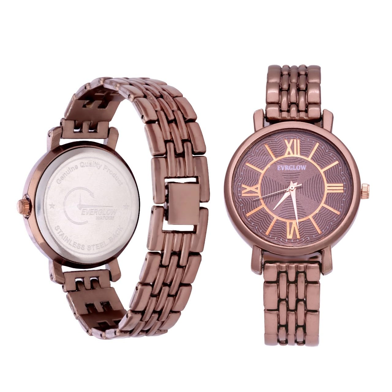 EVRGLOW Womens Analogue Stainless Steel Wrist Watches for Girls Women's Gift Watch with Roman Dial Rose Gold Colored Stylish Bracelet Strap Watch for Sister (MATT Brown)