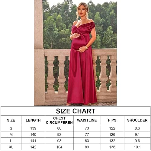 Marivoné® Off Shoulder Maternity Maxi Dress | V Neck Flowy Pregnancy Gown for Photoshoot | Baby Shower Dress | L | Red
