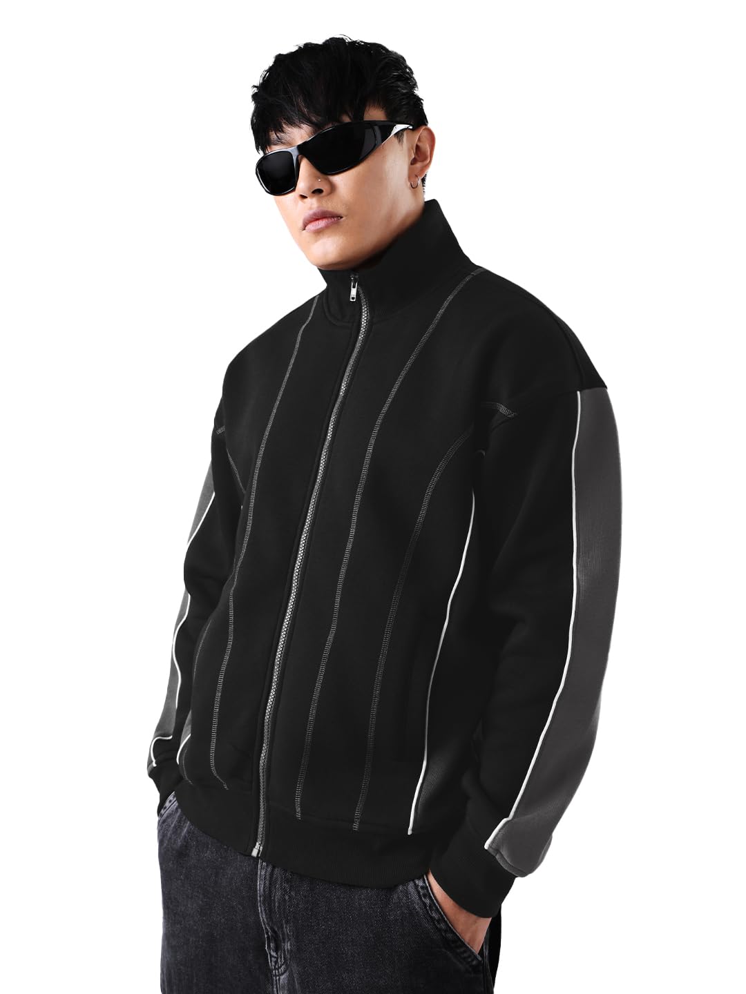 The Souled Store Varsity Jacket: Gunmetal Men and Boys Full Sleeves Mandarin Collar Solid Cotton Blend Oversized Fit Contrast Piping Casual Varsity Jacket