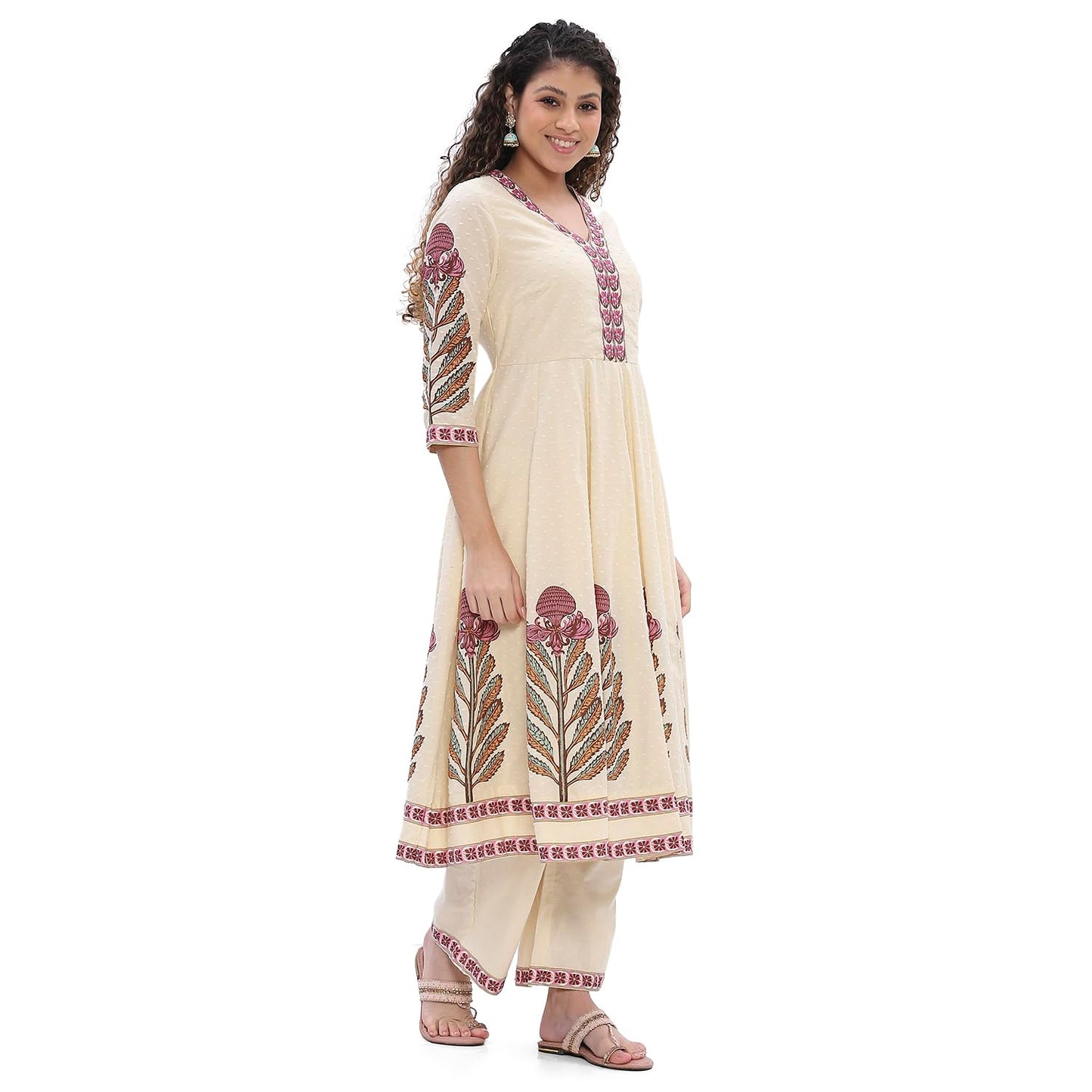 Biba Women Beige Cotton Anarkali Suit Set_38