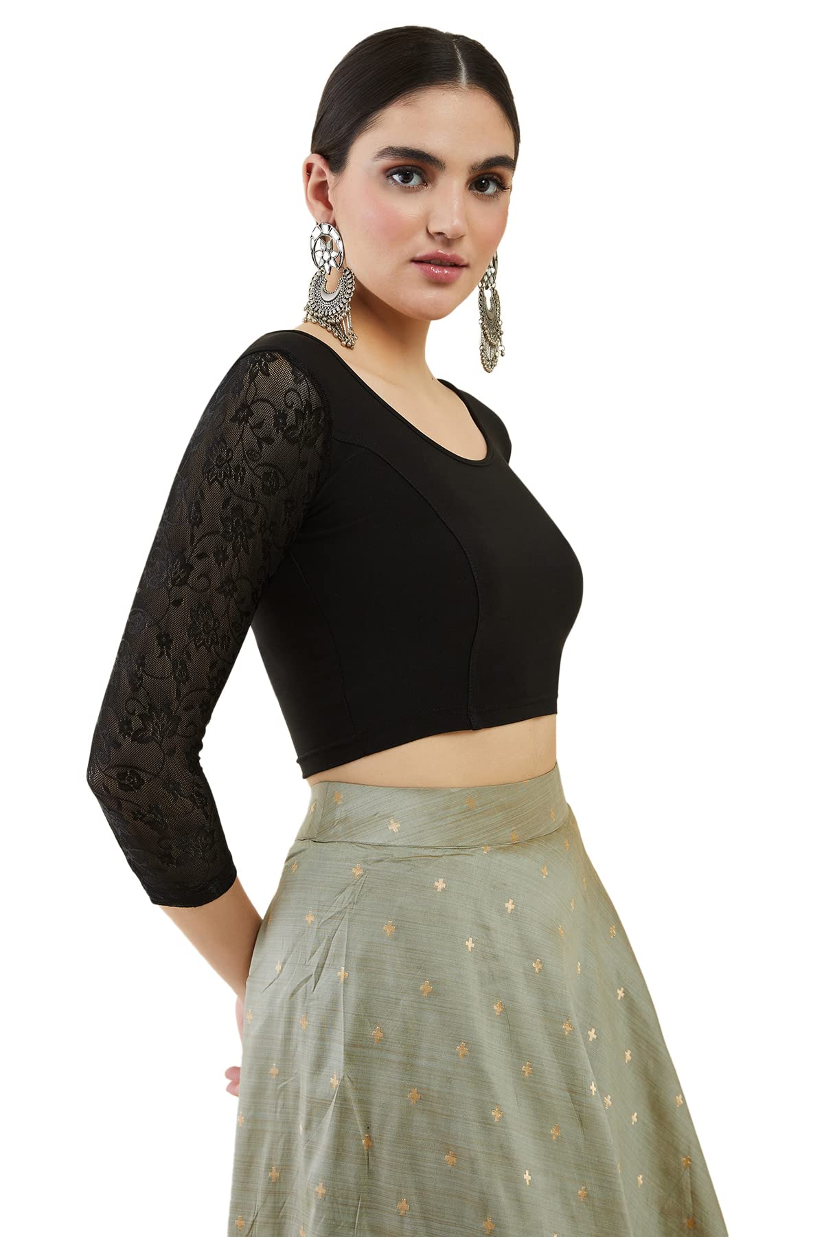 Soch Womens Black Spandex Princess Cut Blouse with Floral Sleeves
