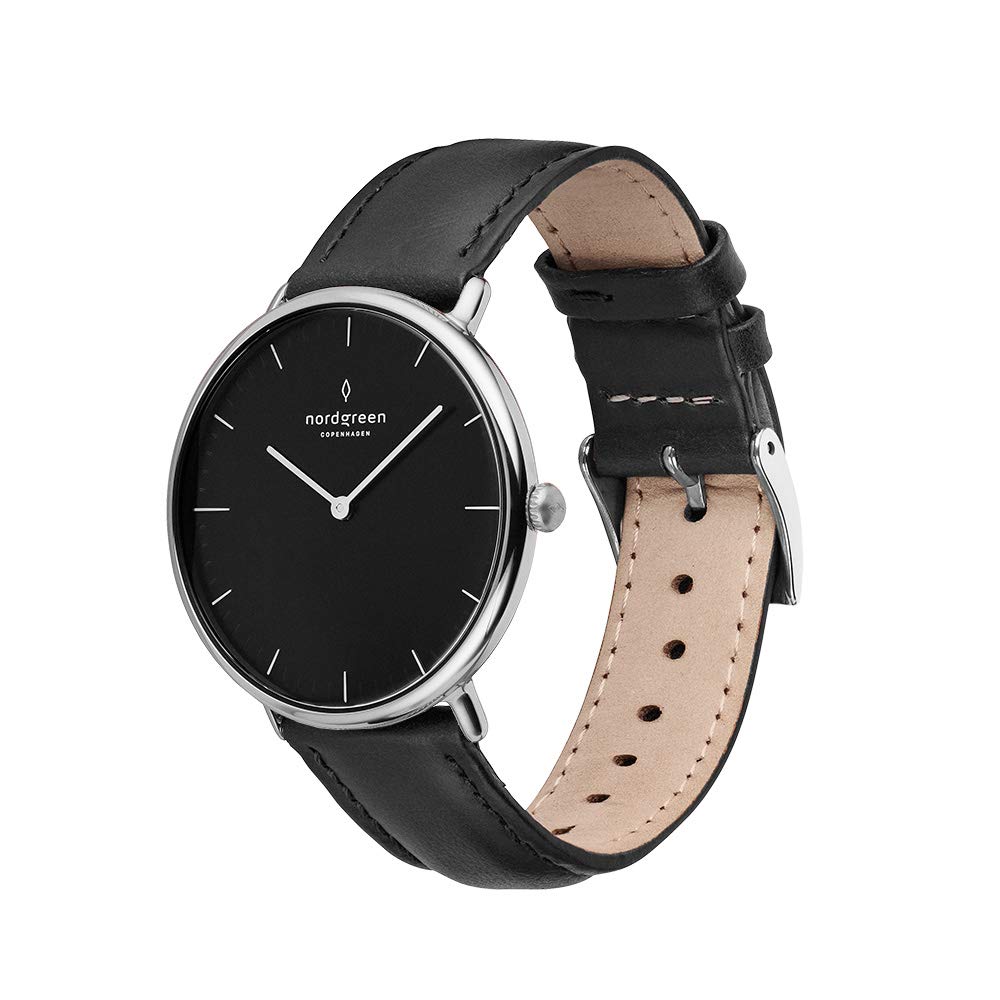 Nordgreen Native Scandinavian Silver Unisex Analog Watch with Black Dial and Black Leather Strap 15119