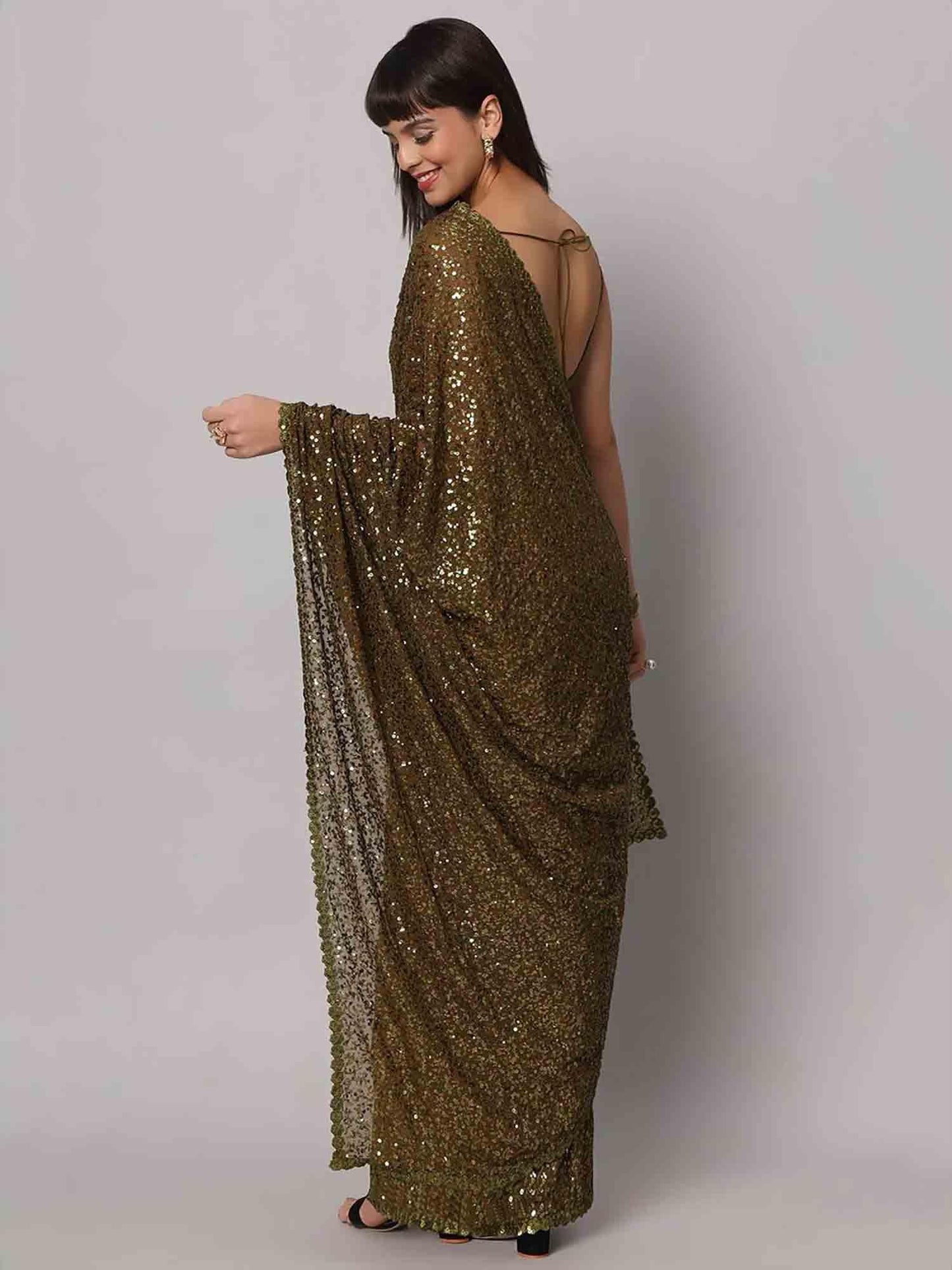 Zeel Clothing Women's Mehandi Green Sequins Work Heavy Georgette Saree with Blouse (1004-Olive-Green-Sequins-Party-Saree-New, Olive Green)