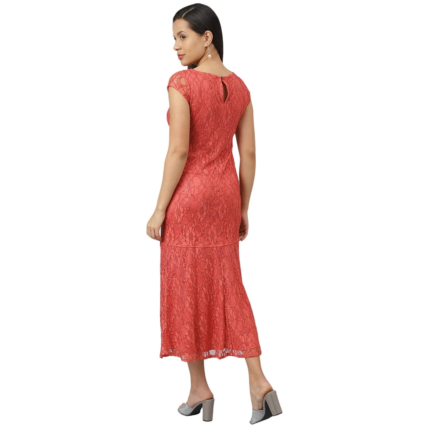 Latin Quarters Women's Rose Round Neck with Short Sleeve Lace Party Dress_XL