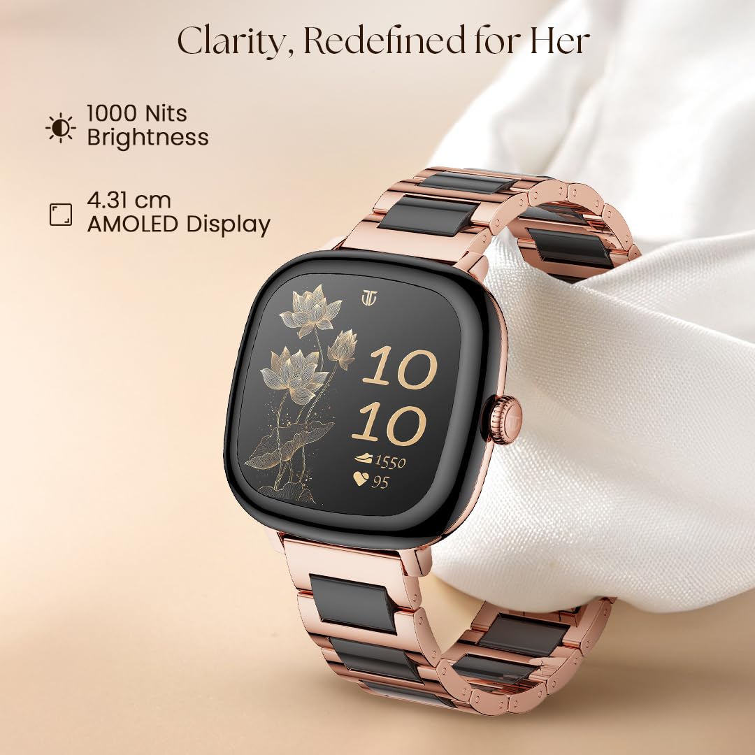 Titan AiRA 1.70" AMOLED Metal Case Square Display Smart Watch with Silicone Strap Stress Monitoring, 1000 Nits, Functional Crown, AI Enabled, IP68 Water Resistant Upto 7 Days Battery Life- Pink