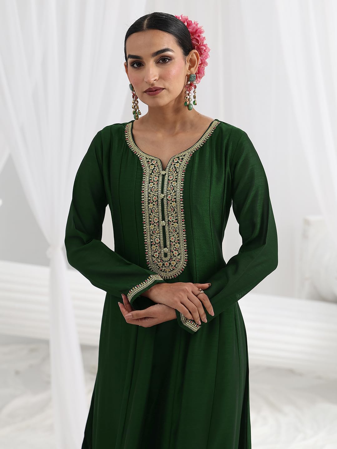 Libas Embroidered Silk Blend A-Line Ethnic Dress with Dupatta-93634XXL