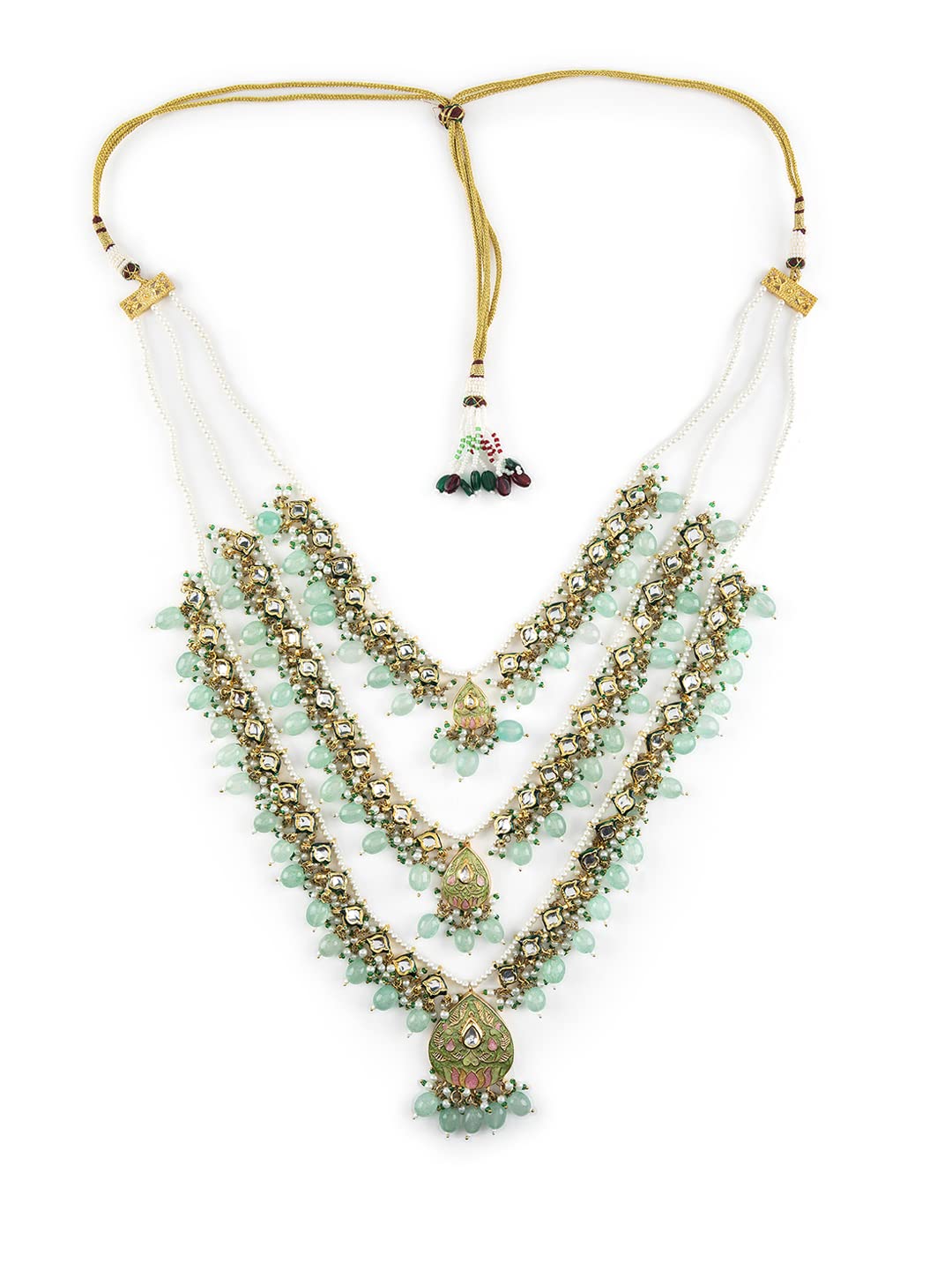 Priyaasi Sea Green Studded Buds Beaded Multilayer Gold-Plated Jewellery Set For Women