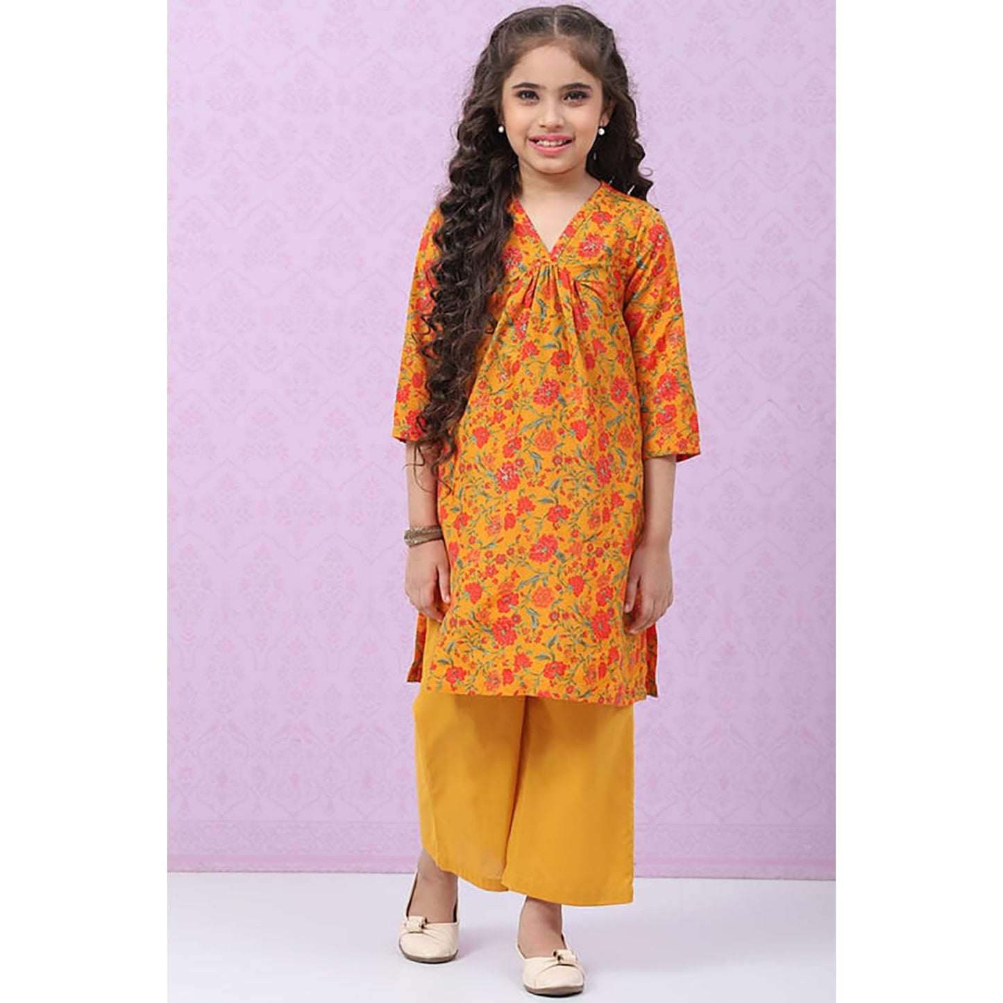 BIBA Girls Polyester Straight Printed Suit Set(KW4847E_13_Brown)