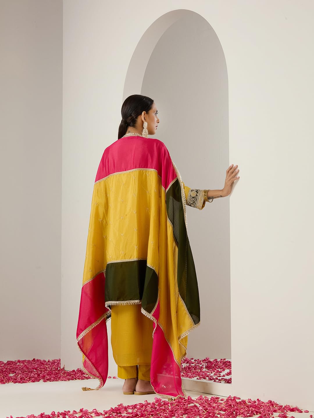 ishin Gold zari embroidered straight festive kurta with pants and dupatta