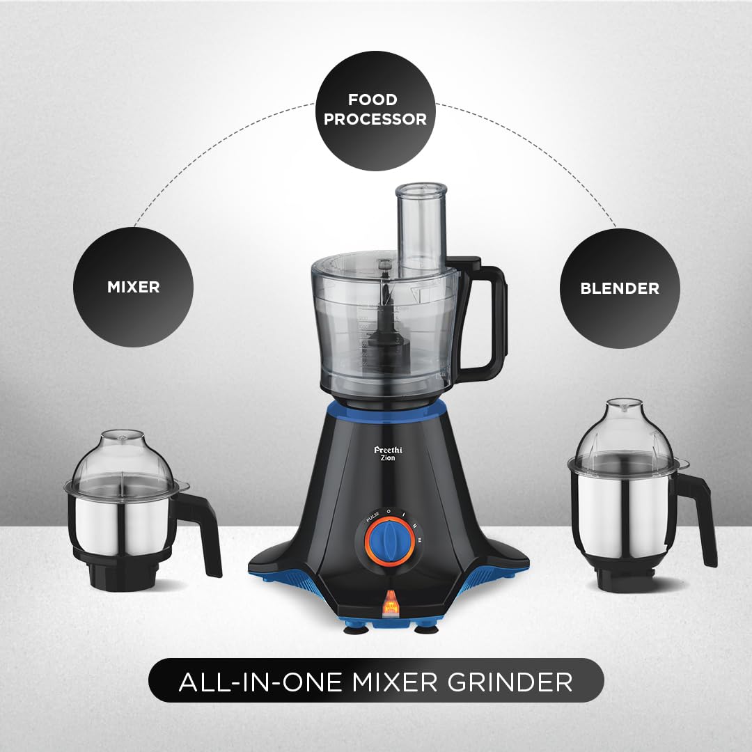 Preethi Zion Mixer Grinder for Kitchen - 4 Jars 750 Watt Mixie (3 Stainless steel Jars+1 Master Chef Plus Food processor Jar), Flexi lids, Vega W5 motor, Black (MG-227)