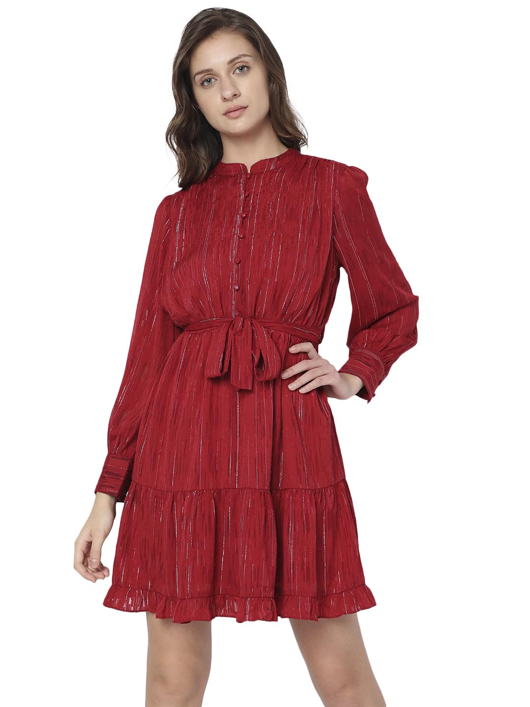 VERO MODA Women's Mini Polyester A-Line Red Dress_Large