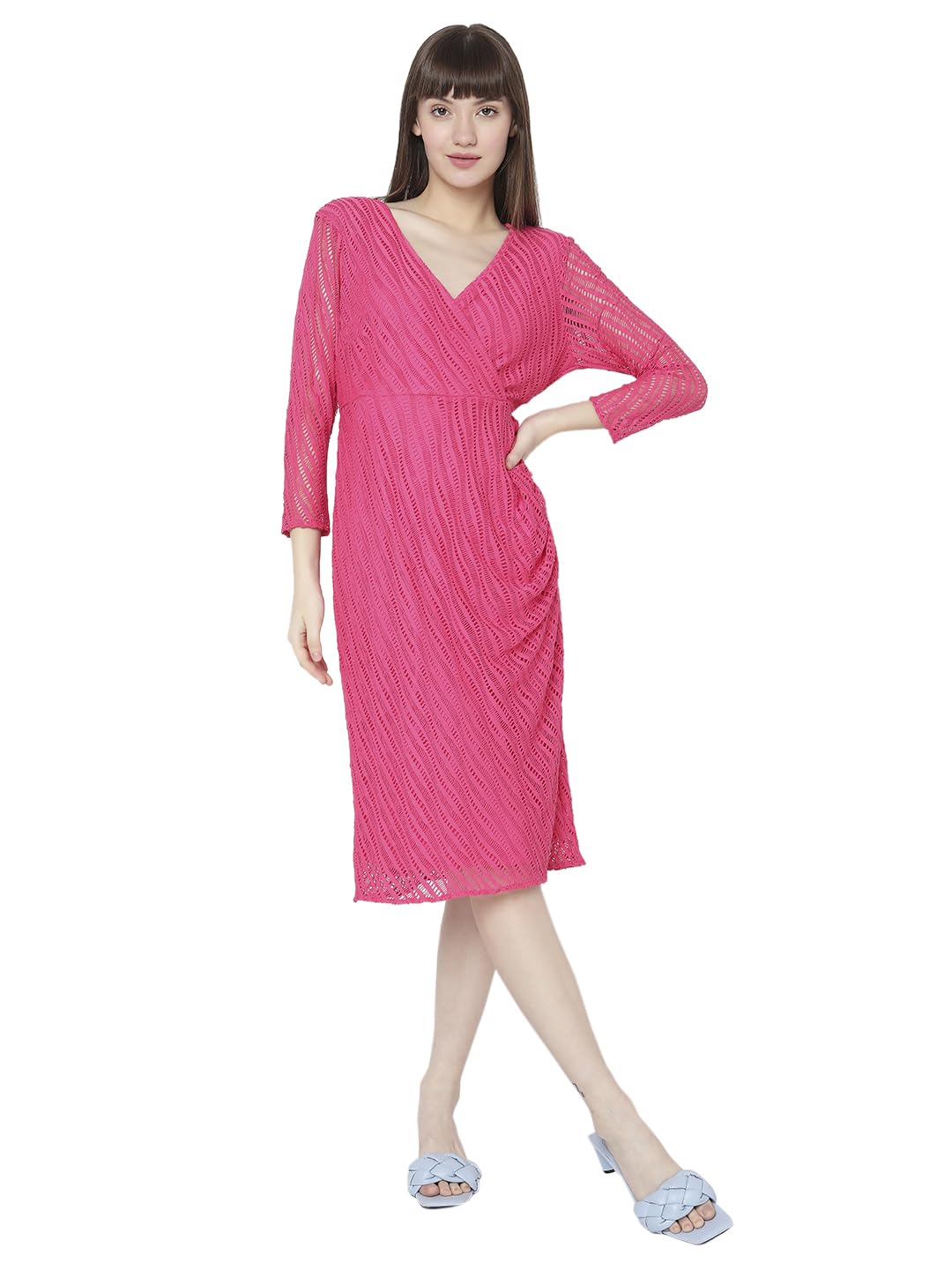 VERO MODA Women's Polyester Wrap Knee-Length Dress (10300206-Phlox Pink_Phlox
