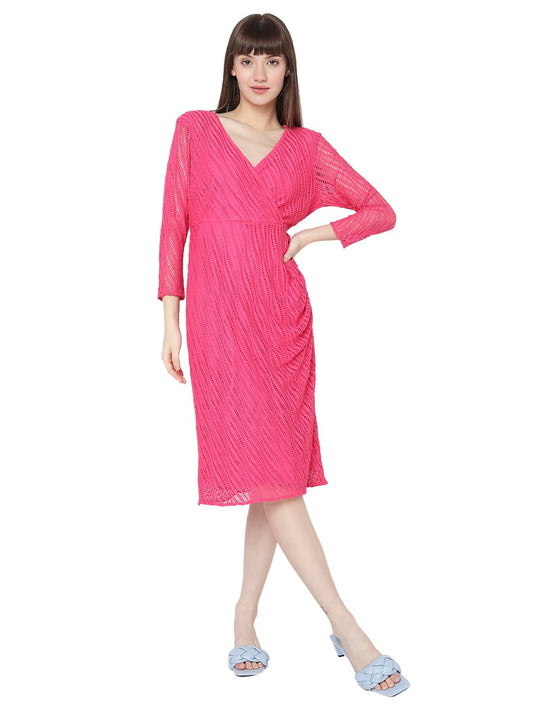 VERO MODA Women's Polyester Wrap Knee-Length Dress (10300206-Phlox Pink_Phlox