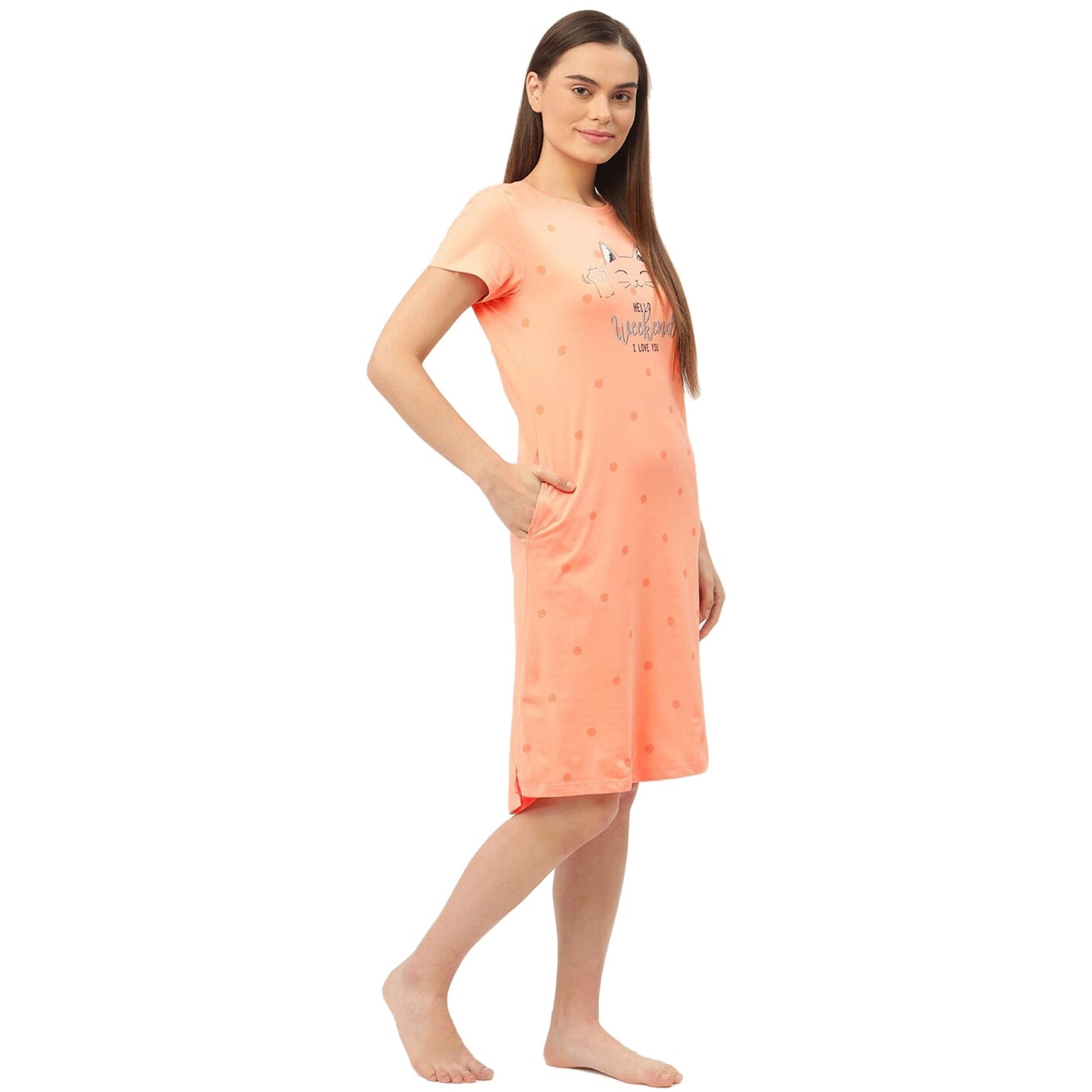 Sweet Dreams Women's Cotton Above The Knee Short Night Dress Nightgown (2279AV Tropical Peach S)