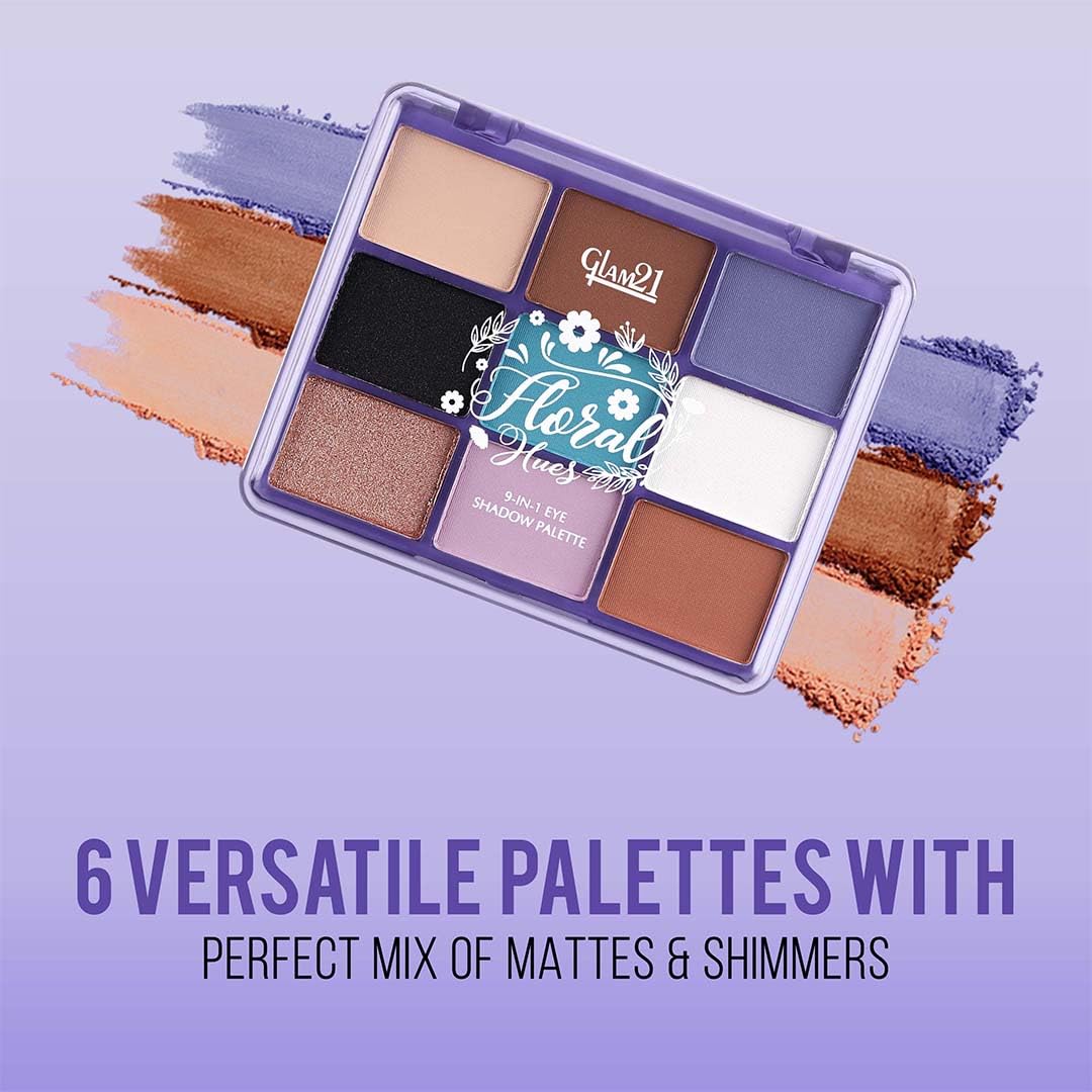 Glam21 Floral Hues 9 In 1 Eyeshadow Palette | Highly Pigmented | Easy To Carry | Super-Blendable | Mix of Matte and Shimmers Smudge-Proof (7.2 gm) | 01- Orchid