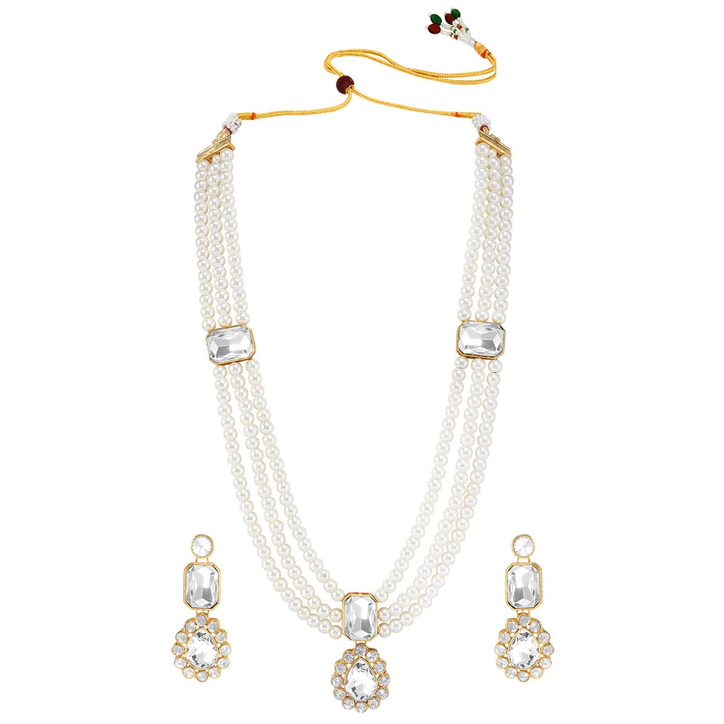 Peora Gold Plated Crystal & Beads Studded White Necklace & Drop Earrings Set Ethnic Jewellery for Women & Girls