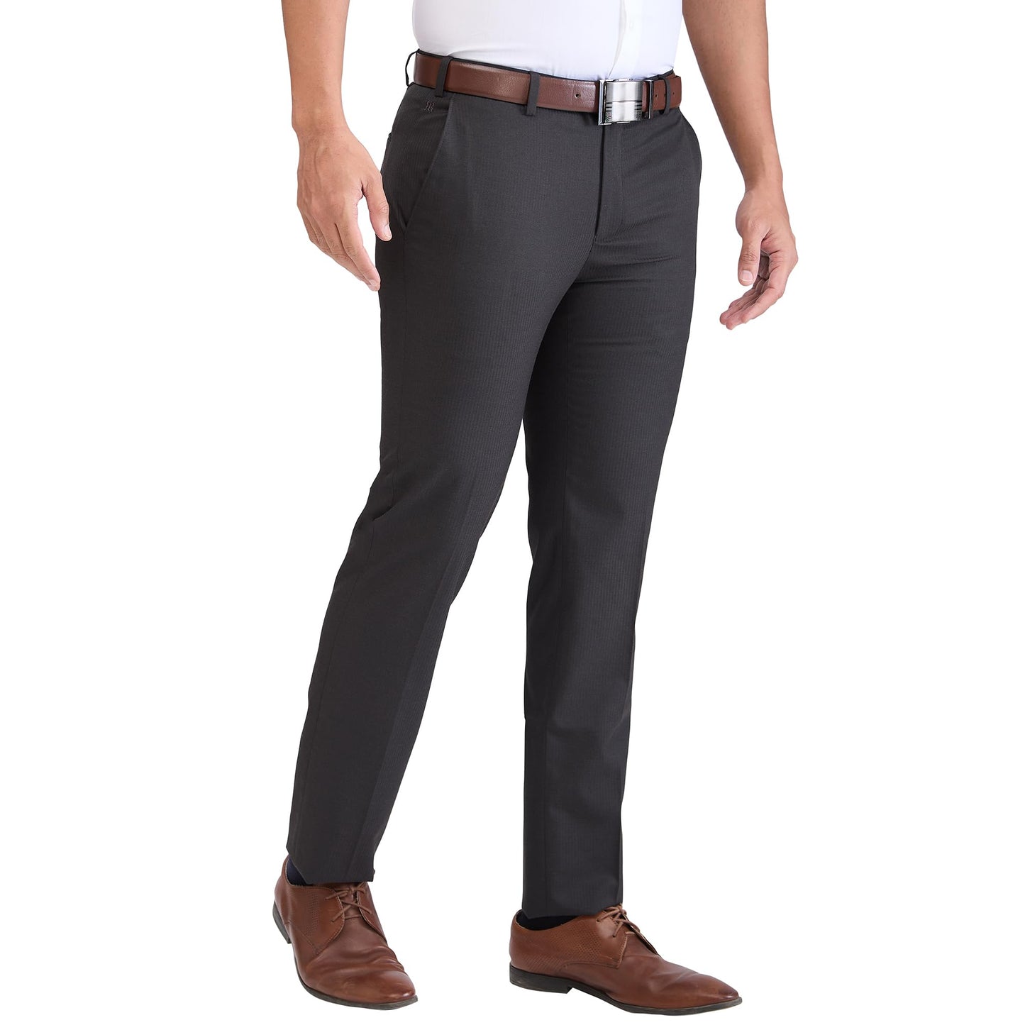 Raymond Men Slim Fit Stripe Pattern Polyester Blend Flat Front Formal Trouser (Size: 30)-RMTS05244-O8 Dark Brown
