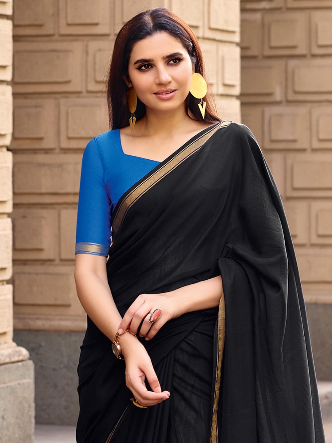AKHILAM Women's Black Cotton Solid Tassels and Latkans Saree With Unstitched Blouse Piece | Saree for woman | cotton saree for woman (NERA1363_SR)