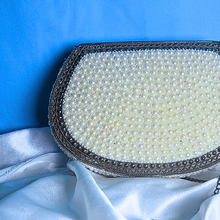 Handmade Pearl Mosaic Evening Clutch, Brass Frame with Chain Strap, Traditional Wedding Party Purse