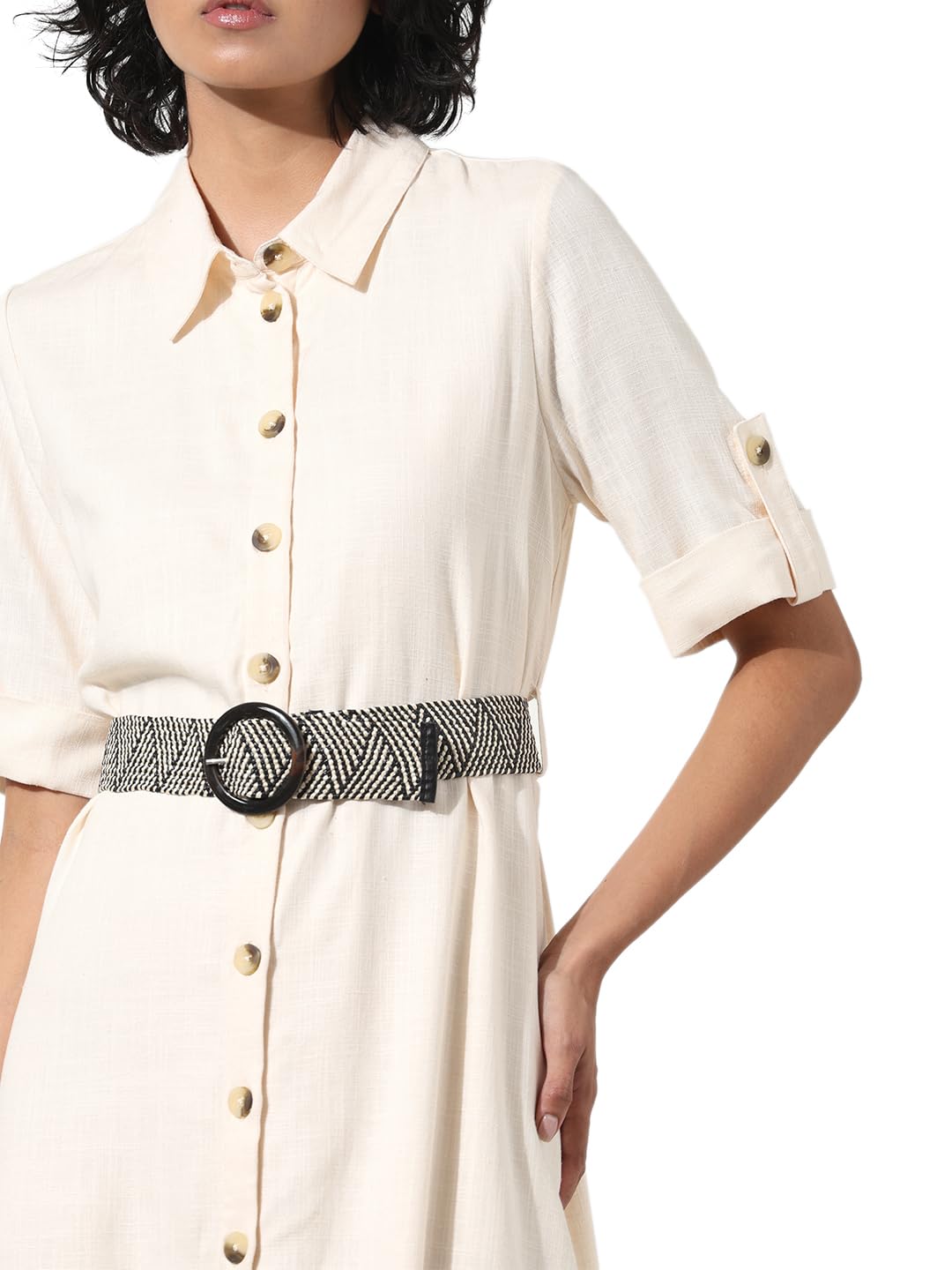 ONLY Women Solid Viscose Midi Cream Shirt Dress