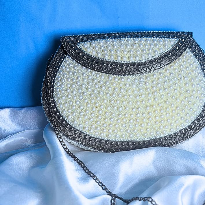 Handmade Pearl Mosaic Evening Clutch, Brass Frame with Chain Strap, Traditional Wedding Party Purse