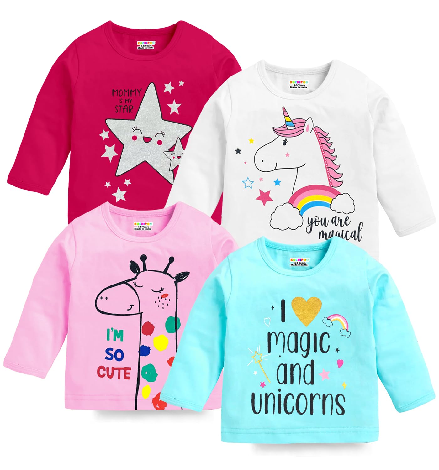 Kuchipoo Girls Regular Fit Full Sleeves Cotton T-Shirts (KUC-TSHRT-424, 3 to 4 Year, Multi-Colored)