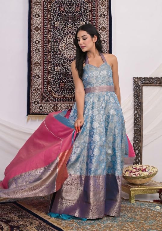 MAHUKAA Women's Kanjeevaram Gown With Dupatta For Festival & Function (Sky Blue & Pink) - Size: Medium