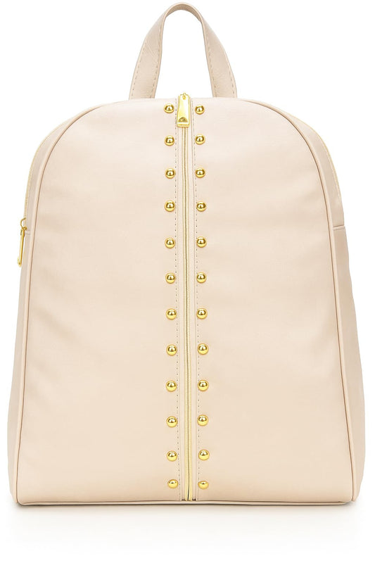 RN Store's Beige Fashion Backpack for Women – Faux Leather Bag with Gold Studded Front Zipper – Trendy Lightweight Backpack for Travel, Office & Casual Use