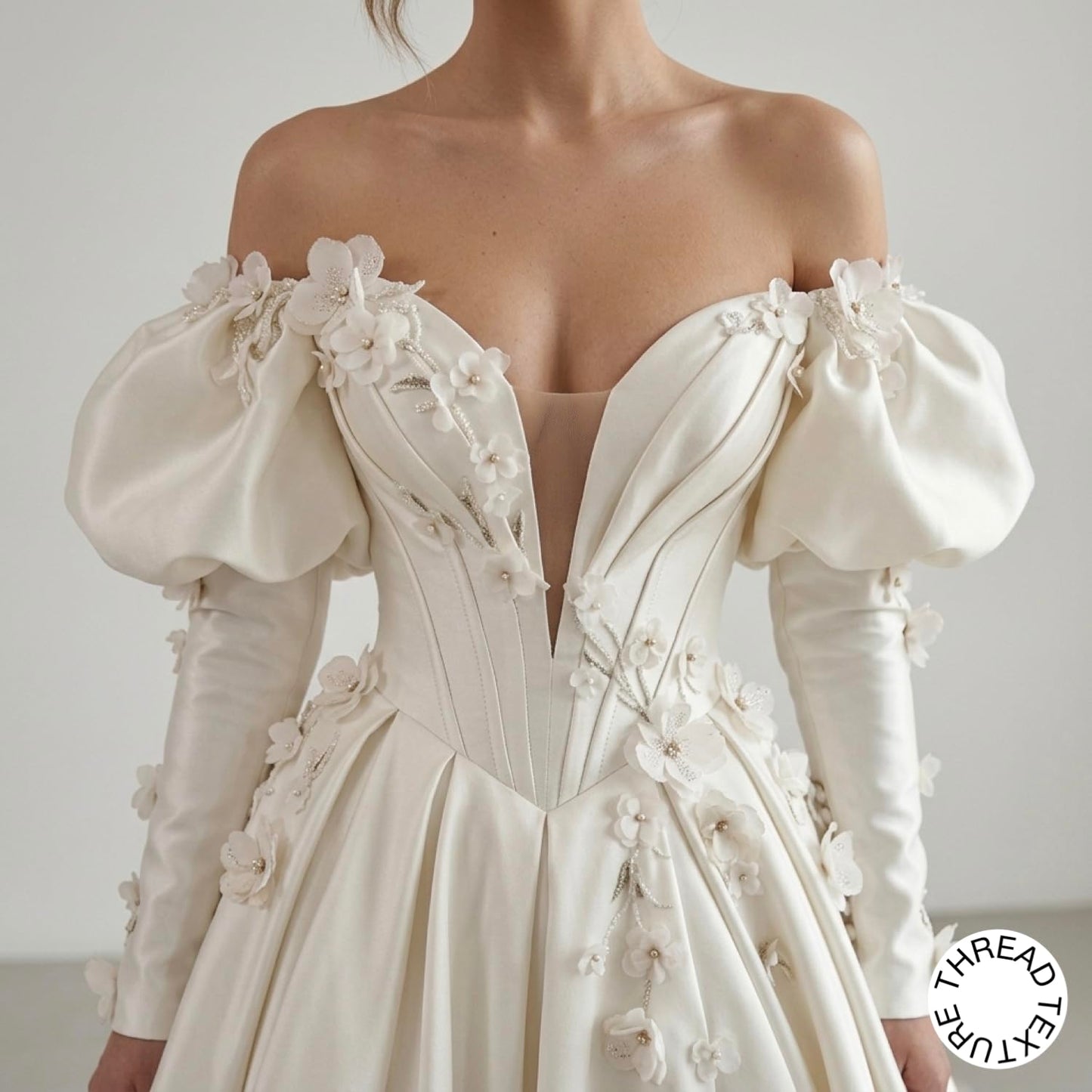 ThreadTexture Women's Off-The-Shoulder 3D Flowers Applique Wedding Slit Ball Gown (in, Alpha, S, Regular, Off White, Designer Shivay)